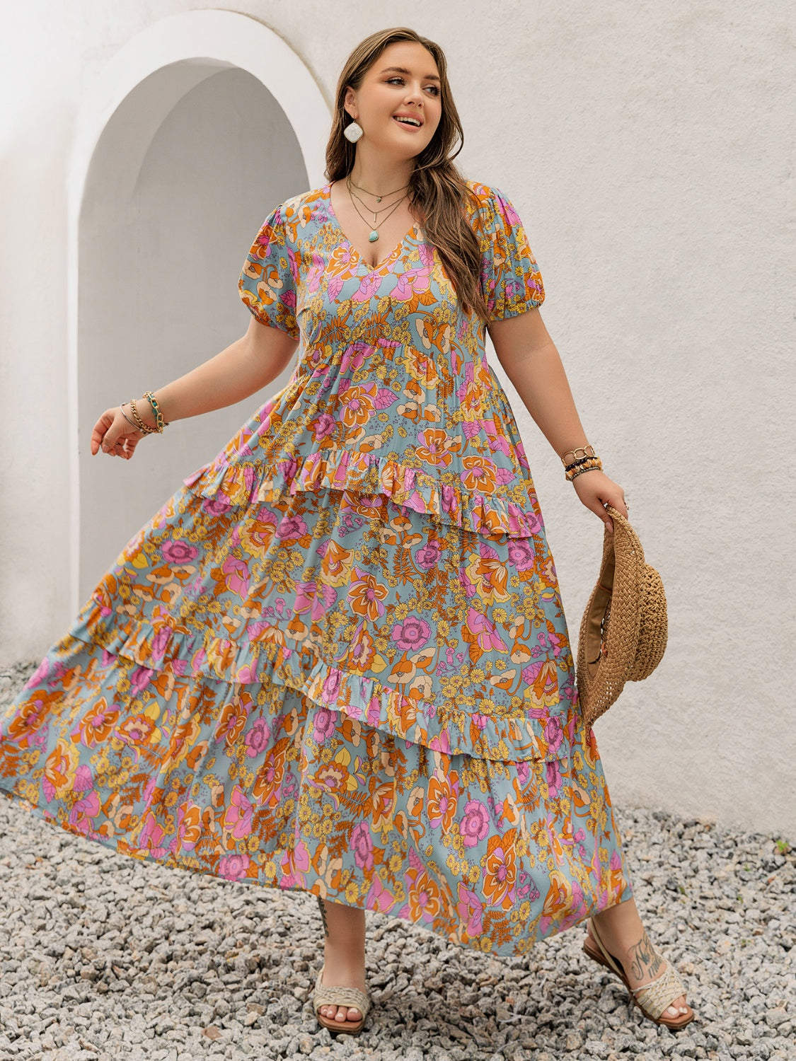 Plus Size Printed V-Neck Short Sleeve Maxi Dress Elegant & Flowy Summer Dress For Girls Stevvex