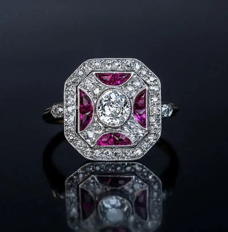 New Copper Inlaid Zircon Rose Red Rose Gold Two-tone Women's Ring
