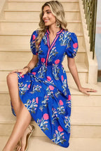 Blue Floral Ruffle Hem Pop of Color Neckline Dress