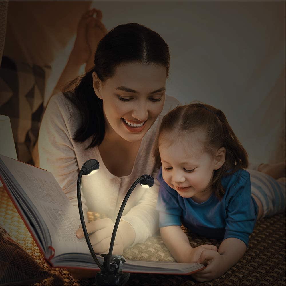 Super Adjustable Goosenecks Clip LED Lamp For Book Reading With Stand And Double Ligh  Rechargeable 12 LED Warm Book Light, Clip On Bed Reading Light, Music Stand Lamp, 2 Brightness & 2 Goosenecks Light Up 2 Full Pages. Perfect For Bookworms, Kids & Music - SJB-DIAMOND ELITES