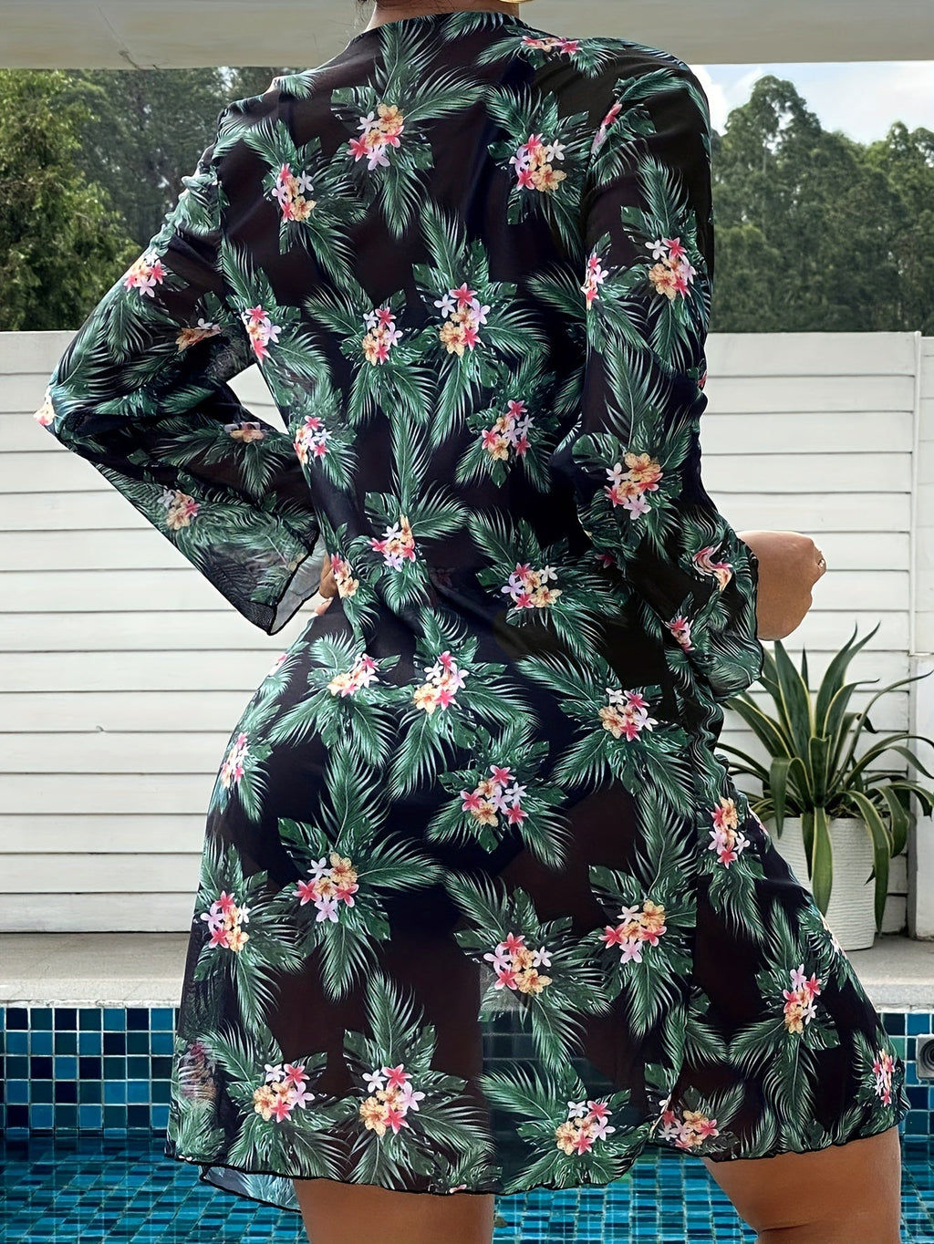 Bikini 3 Piece Tropical Print Swimsuit Set – High Stretch Comfortable Women's Bikini with Crew Neck Mesh Cover-Up – Chic Vacation Beachwear for Summer Casual Style & Poolside Glamour Stevvex