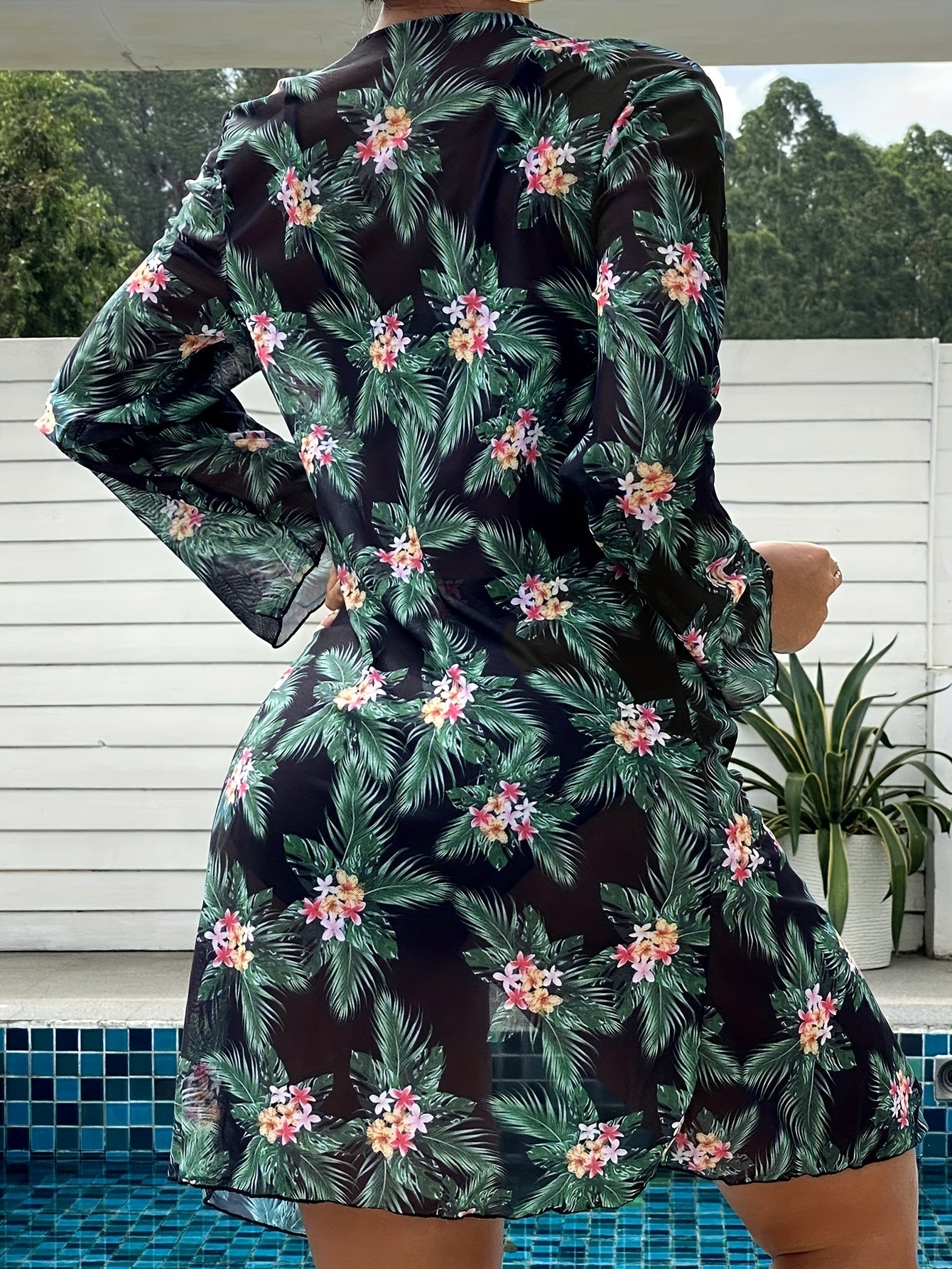 Bikini 3 Piece Tropical Print Swimsuit Set – High Stretch Comfortable Women's Bikini with Crew Neck Mesh Cover-Up – Chic Vacation Beachwear for Summer Casual Style & Poolside Glamour Stevvex