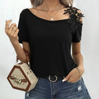 Ladies' Solid Color Lace Appliqu E Shoulder Strap Slanted Shoulder Collar Off Shoulder Elegant Design T-shirt Top - SJB-DIAMOND ELITES