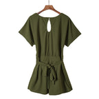 Women's Round Neck Short-sleeved Lace-up Jumpsuit Pi-Mart