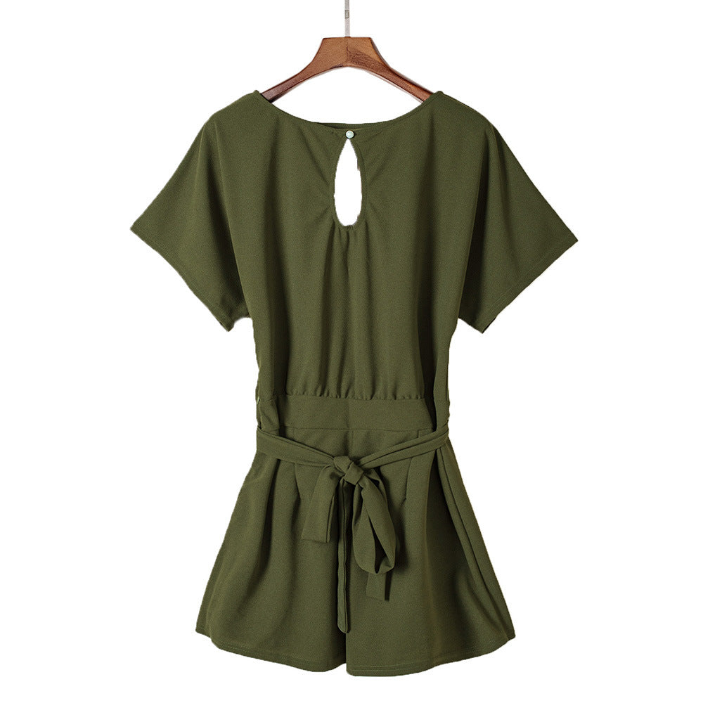 Women's Round Neck Short-sleeved Lace-up Jumpsuit Pi-Mart