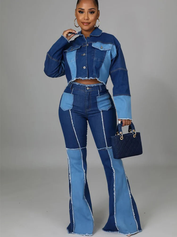Women's Matching Set Denim Patchwork Vintage Short Jacket and Flare Pant Two Piece Set Outfit Autumn Casual Y2K Fashion Sets Purplish Diva