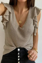 Khaki Cascading Ruffles Knit Tank Top - SJB-DIAMOND ELITES