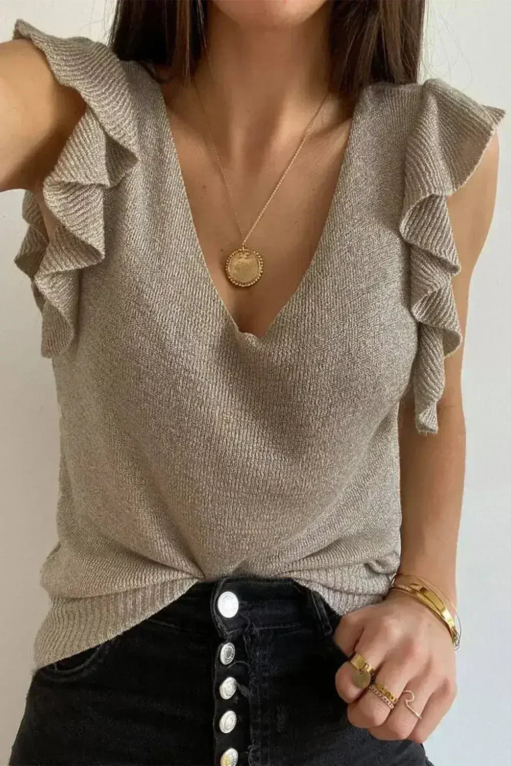 Khaki Cascading Ruffles Knit Tank Top - SJB-DIAMOND ELITES