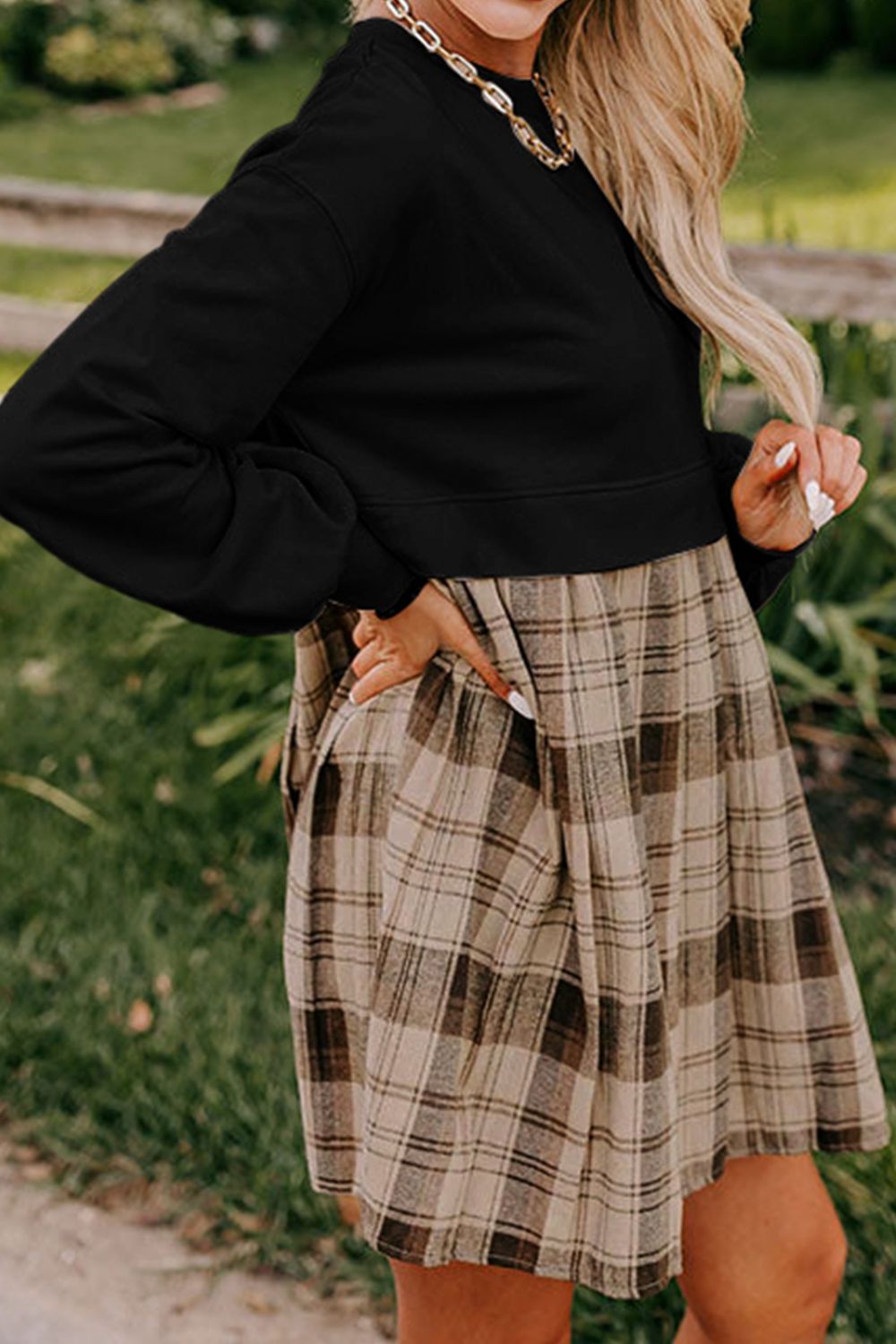 Vintage Plaid Round Neck Long Sleeve Mini Dress Cozy & Stylish Dress Retro Design Dress For Party Stevvex