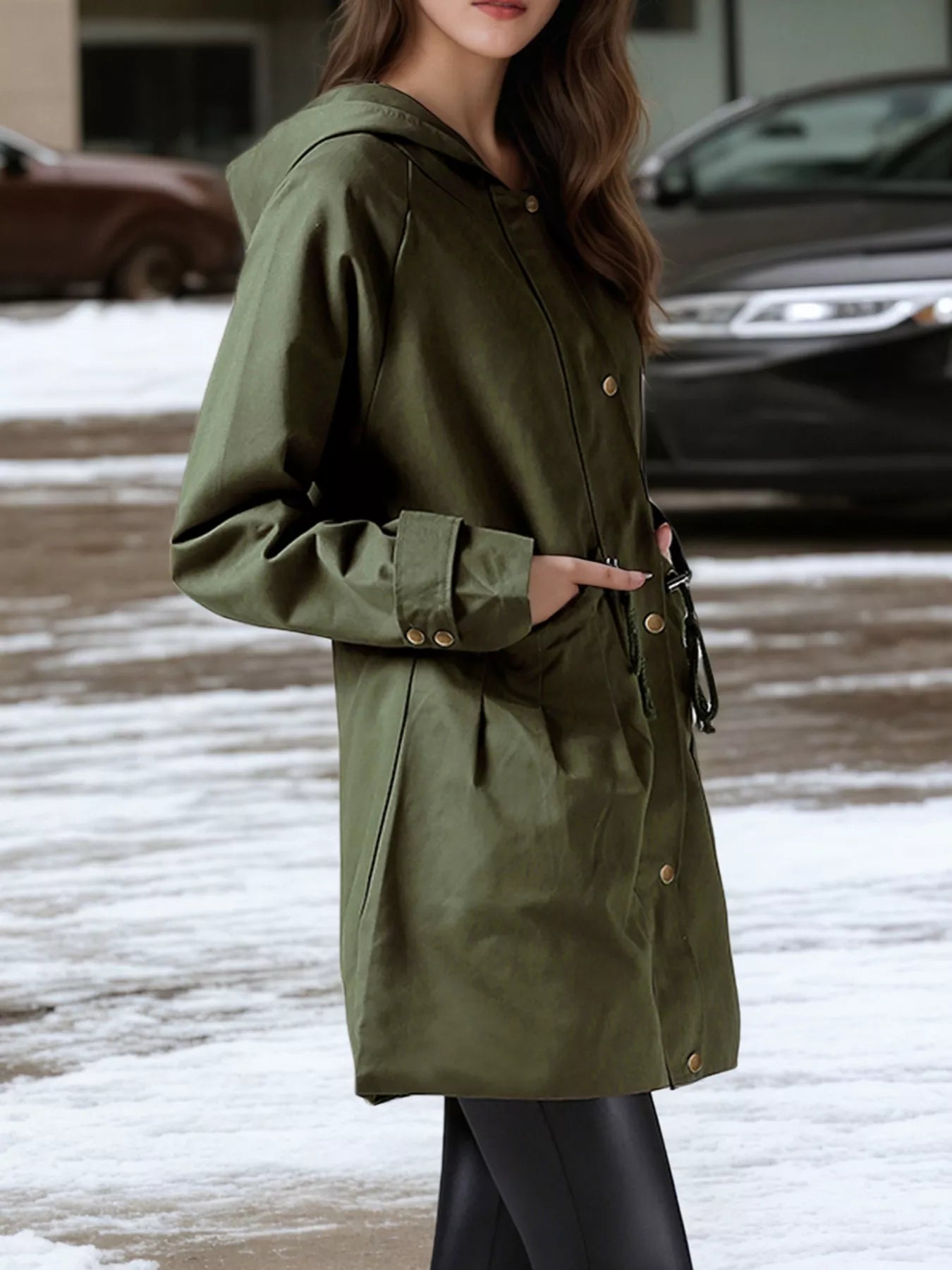 Plus Size Hooded Drawstring Waist Trench Coat THRIXINE