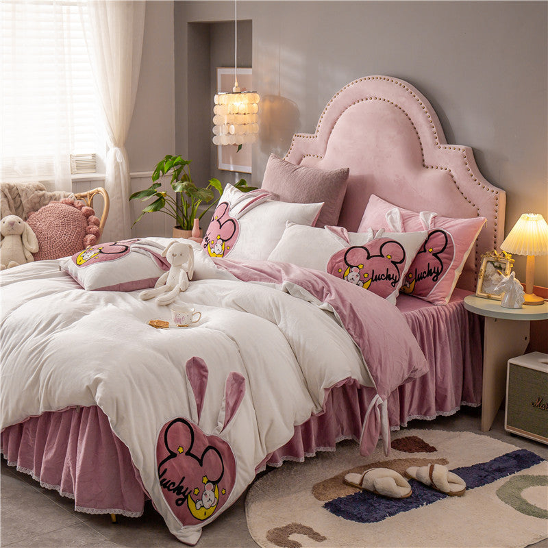 Coral Velvet Padded Warm Duvet Cover Princess Wind Bed Skirt Pi-Mart