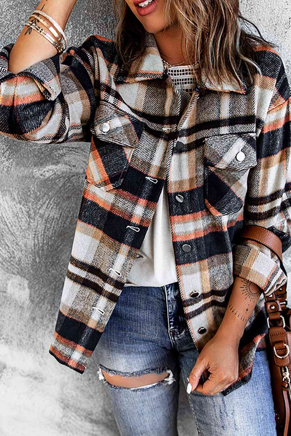 Classic Plaid Button Front Shirt Jacket with Breast Pockets Casual & Minimalist Outerwear Stevvex