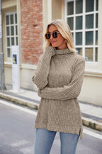 High Collar Loose Long Sleeve Split T-shirt Top For Women Pi-Mart
