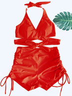 Coastal Curve Halter Bikini Set for Women – V-Neck Crisscross Drawstring Swimsuit with Chic Ring Detail & High-Waisted Boxer Shorts for Summer – Sleek Two-Piece Nylon Swimwear for Women’s Beach & Poolside Style