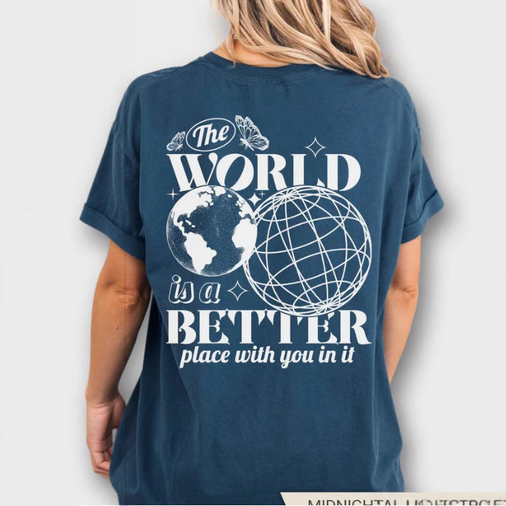 Letter 2D Printed Starry Sky Earth Cotton T-Shirt Lootquake LLC