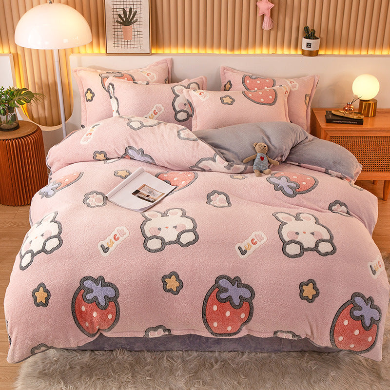 Coral Fleece Duvet Cover Sheet Flannel Pillowcase Pi-Mart