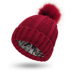 Fashion Stretchy Satin Lined Skull Knit Hats Beanie Hat For Women Faux Fur Pom Pom Hat Winter Keep Warming Beanie Hat Pi-Mart