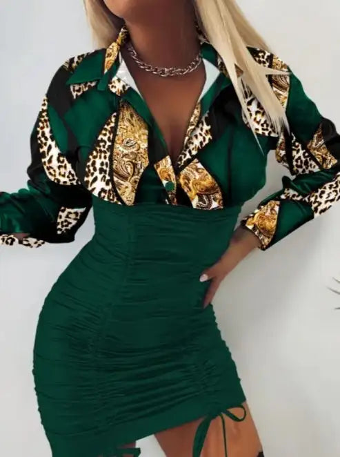 Women's Printed Waist Cinching Drawstring Pleated Hip Hugging Dress - SJB-DIAMOND ELITES