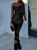 Black Lace Round Neck Long Sleeve Midi Dress Timeless & Elegant Design Women Dress Stevvex