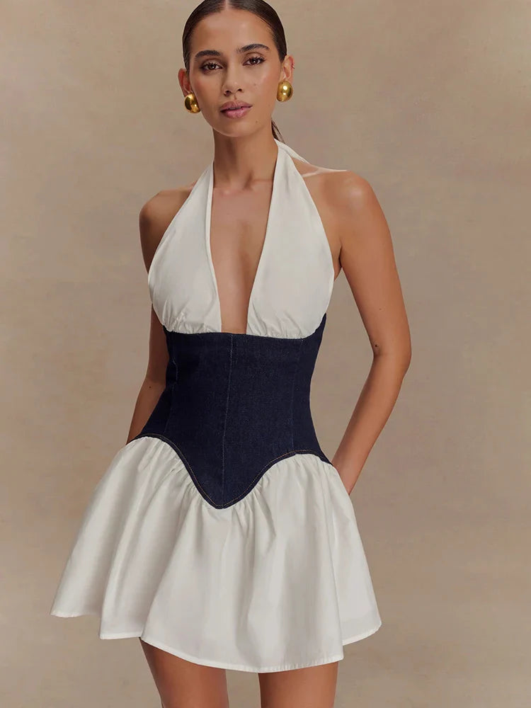 JULISSA MO Patchwork Sexy Deep V-neck Denim Mini Dress Women White Backless Halter Dress Summer Slim Elegant Party Club Outfits Purplish Diva