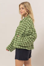 Cute Green Tweed Plaid Button Up Collared Neck Jacket Classic & Elegant Layering Piece Everyday Jacket Stevvex