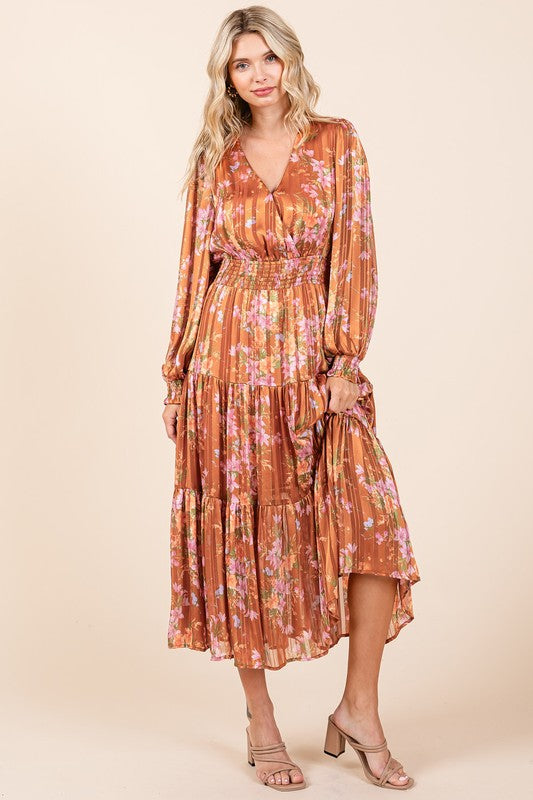 Flower Print Satin Lurex Stripe Smocked Midi Summer Dress – Elegant Midi Dress, Satin Lurex Dress, Floral Dress, Smocked Waist Dress, Romantic Midi Dress, Special Occasion Dress Stevvex