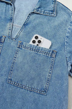 Beau Blue Short Sleeve Collared Chest Pocket Denim Mini Dress