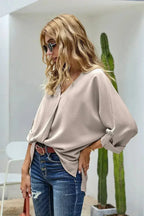 Elegant Apricot V Neck 3/4 Sleeve High Low Hem Shirt - SJB-DIAMOND ELITES