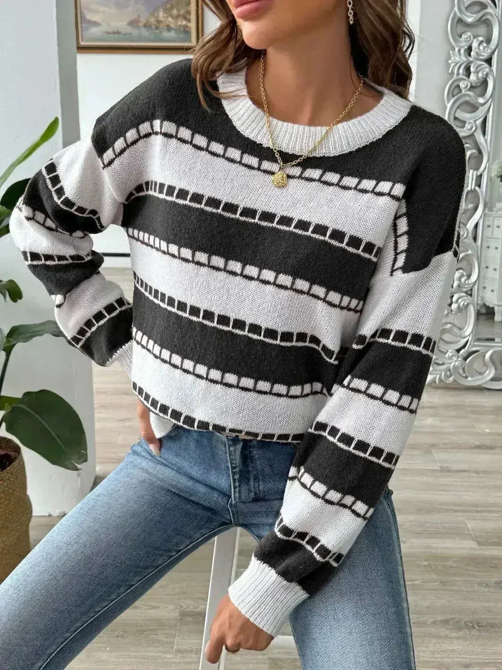 Striped Round Neck Long Sleeve Sweater - SJB-DIAMOND ELITES