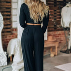 Women's Solid Color Two-piece Solid Exposed Navel Long Sleeved T-shirt And High Waist Wide Leg Pants Set - SJB-DIAMOND ELITES