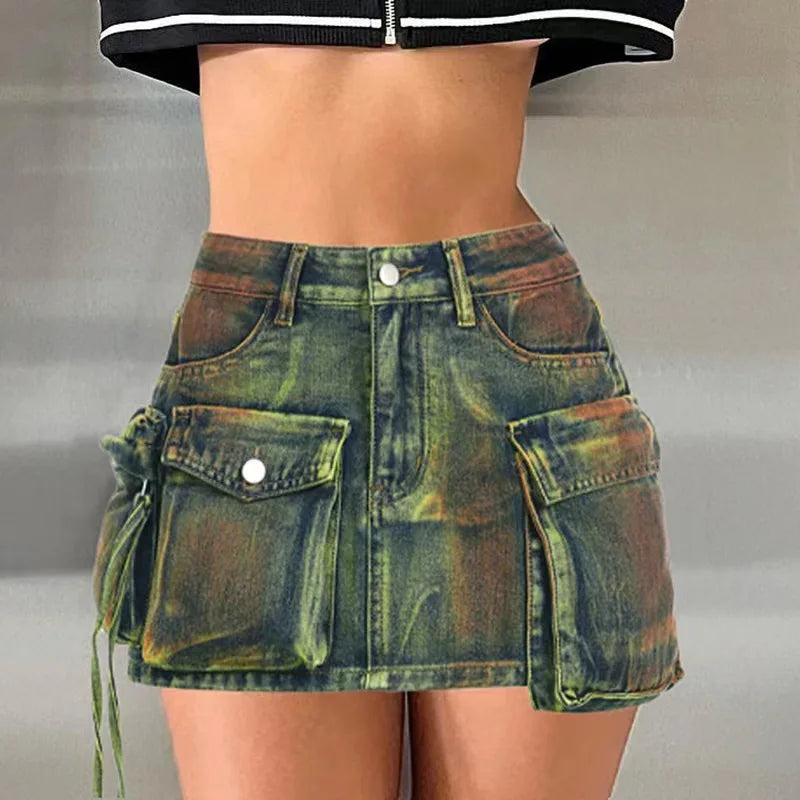 Make-old Three-dimensional Multi-pocket High Waist Denim Skirt. New Asymmetrical Casual A-line Mini Skirt for Women in Summer Purplish Diva