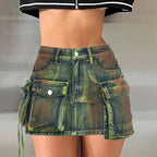 Make-old Three-dimensional Multi-pocket High Waist Denim Skirt. New Asymmetrical Casual A-line Mini Skirt for Women in Summer Purplish Diva