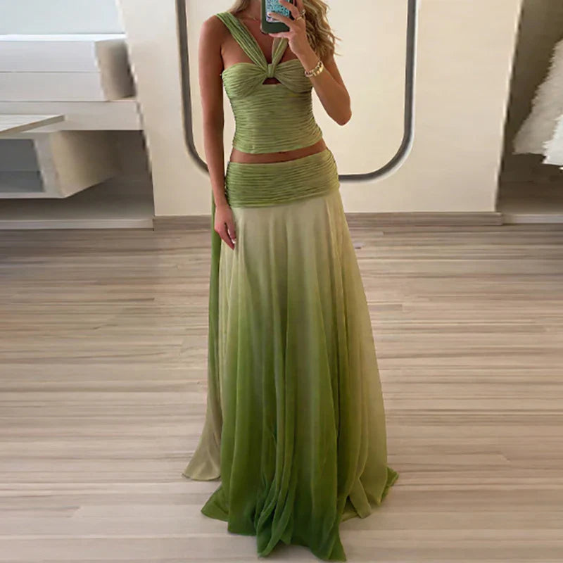 Sexy Strapless Top with Long Skirt Women's Suits Fashion Backless Pleated Club Outfit Gradient Green Hollow Slim Two Piece Sets Purplish Diva