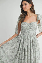 Floral Bust Ruched Midi Dress with Shoulder Tie For Women – Ruched Midi Dress For Summer, Floral Bust Dress, Shoulder Tie Dress, Feminine Midi Dress, Chic Event Dress