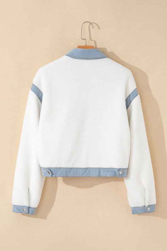 Solid Contrast Trim Buttoned Sherpa Jacket THRIXINE