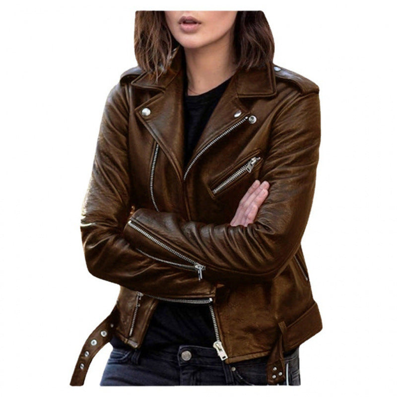 Women's Short Women's Leather Jacket Coat Jacket Pu Pi-Mart