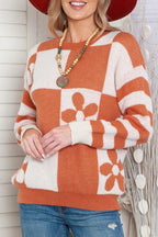 Brown 60s Floral Checkered and Striped Knitted Pullover Sweater