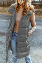 Dark Grey Hooded Long Quilted Vest Coat Lootquake LLC