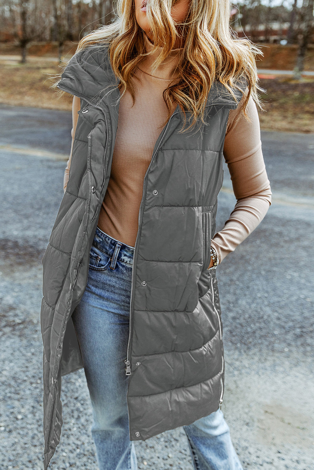 Dark Grey Hooded Long Quilted Vest Coat Lootquake LLC