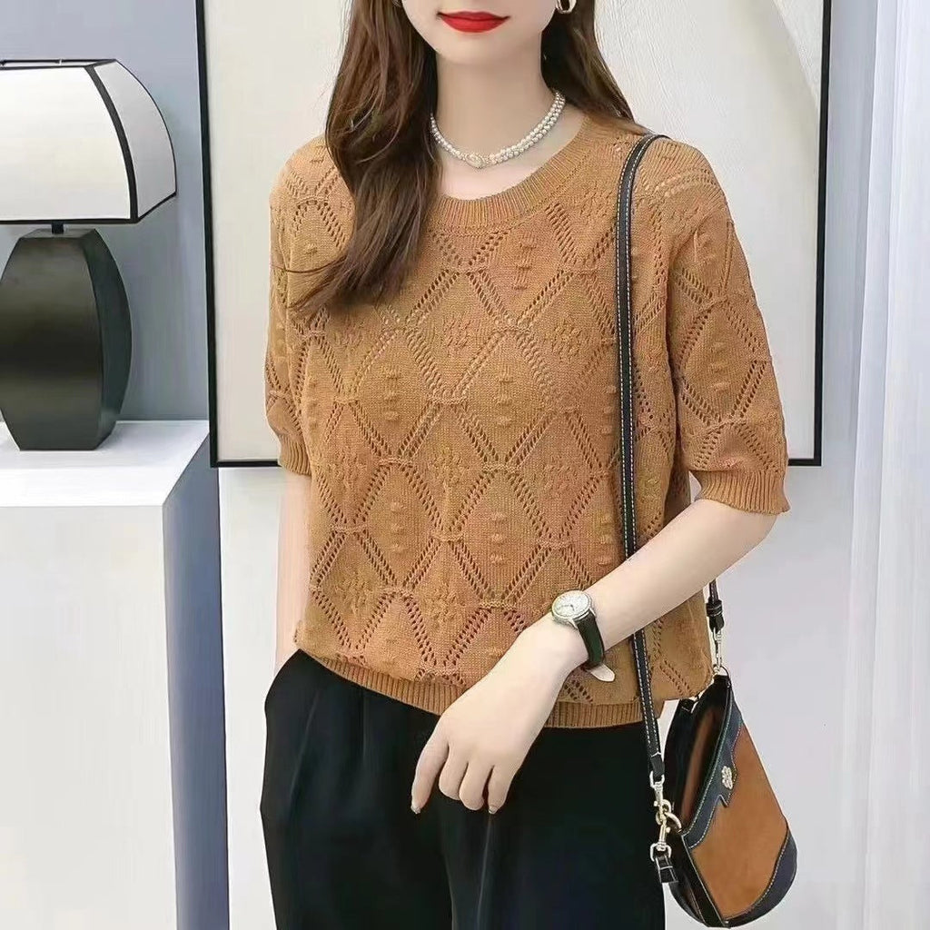 Summer Knitwear Women's Thin Short Sleeve Round Neck Sweater Lootquake LLC