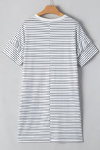 White Striped Round Neck Short Sleeve Mini Dress Casual & Playful Everyday Look Dress