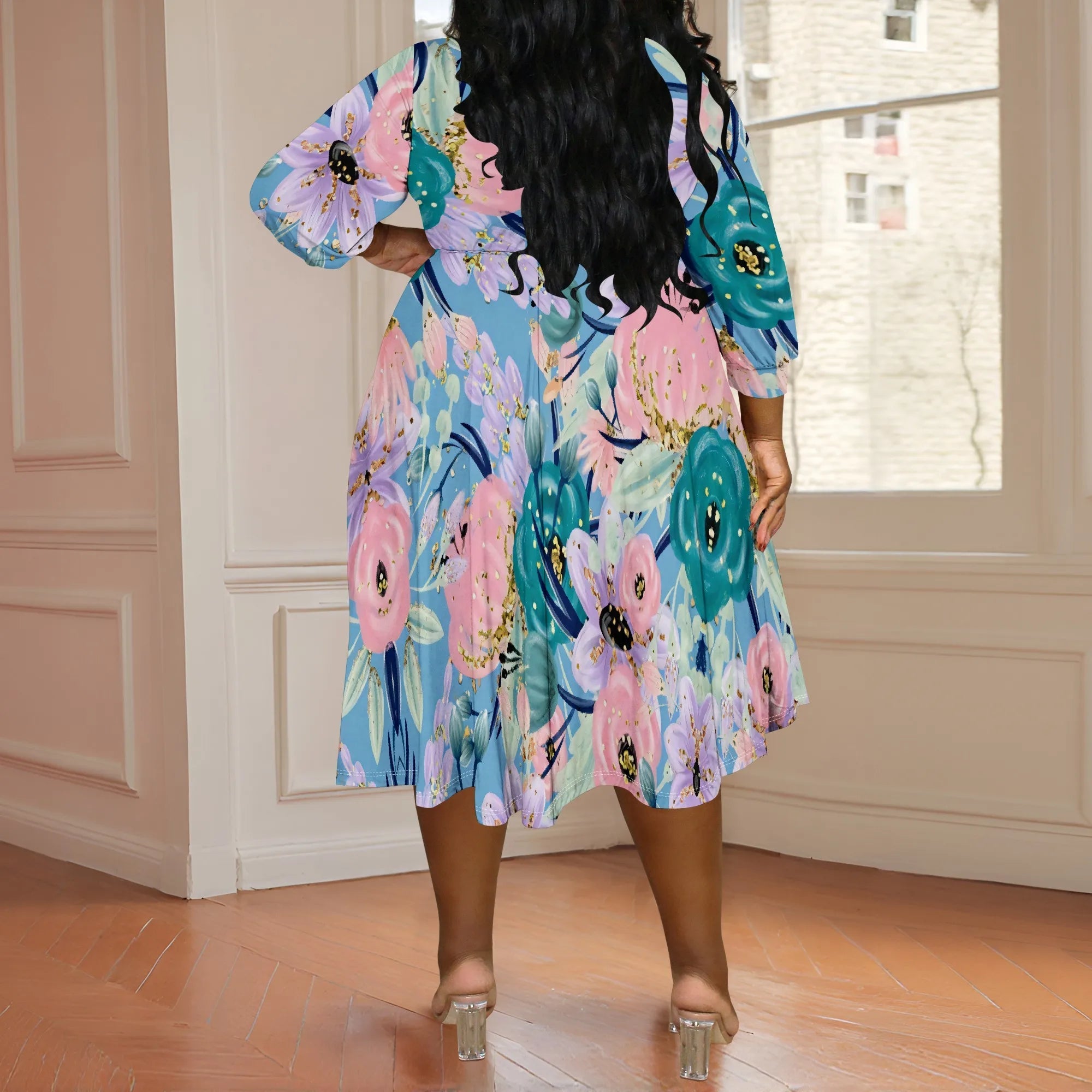 Plus Size Women's Abstract Watercolor Floral Print V-Neck Wrap Midi Dress 3/4 Sleeve Elegant Look Purplish Diva