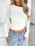 Solid Color Round Neck Long Sleeve T-Shirt THRIXINE