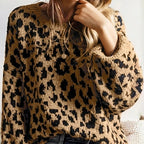 Light French Beige Rib Trim Round Neck Leopard Print Off-shoulder Sweater Pi-Mart