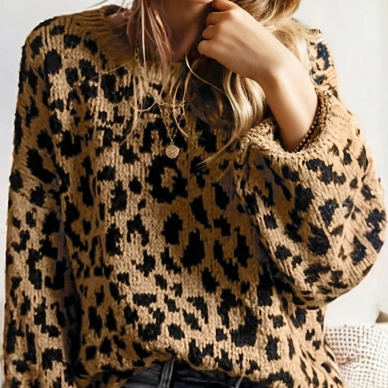 Light French Beige Rib Trim Round Neck Leopard Print Off-shoulder Sweater Pi-Mart