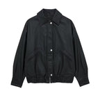 Women's Lapel Loose Faux Leather Bomber Jacket Coat Pi-Mart