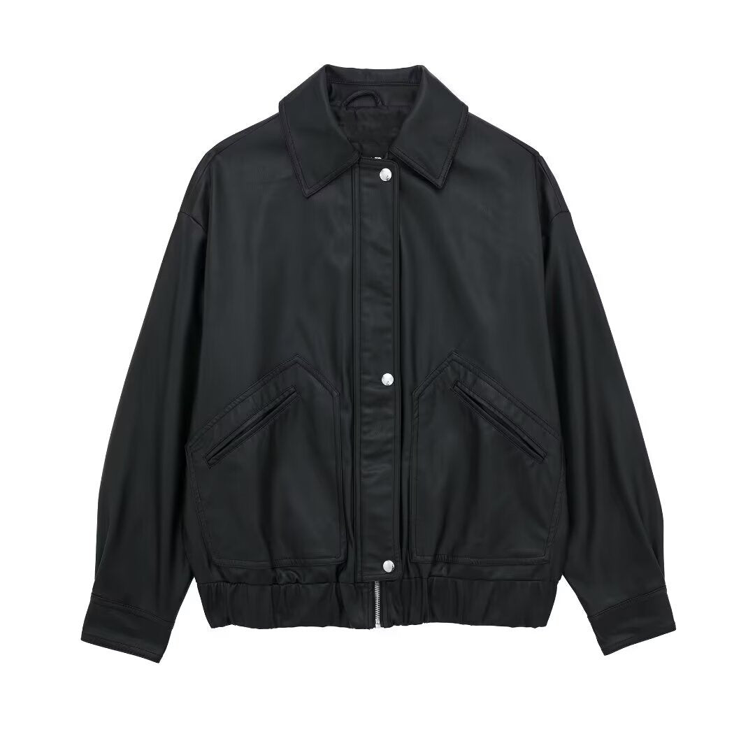 Women's Lapel Loose Faux Leather Bomber Jacket Coat Pi-Mart