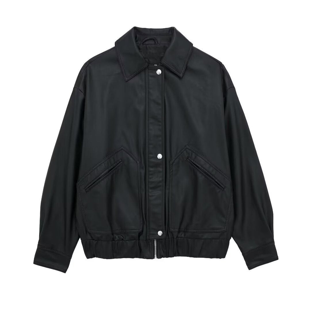 Women's Lapel Loose Faux Leather Bomber Jacket Coat Pi-Mart