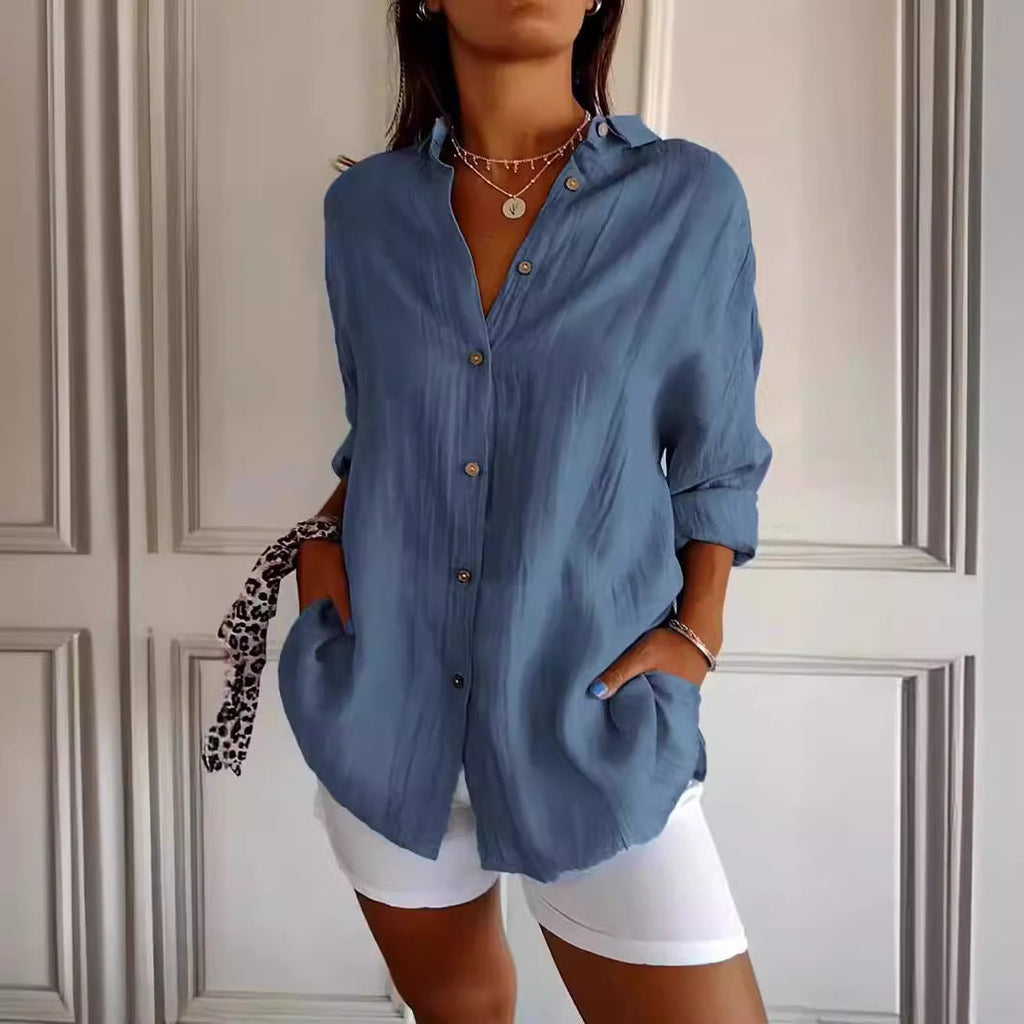 Lapel Long Sleeve Shirt Women's Single-breasted Pleated Shirt Pi-Mart