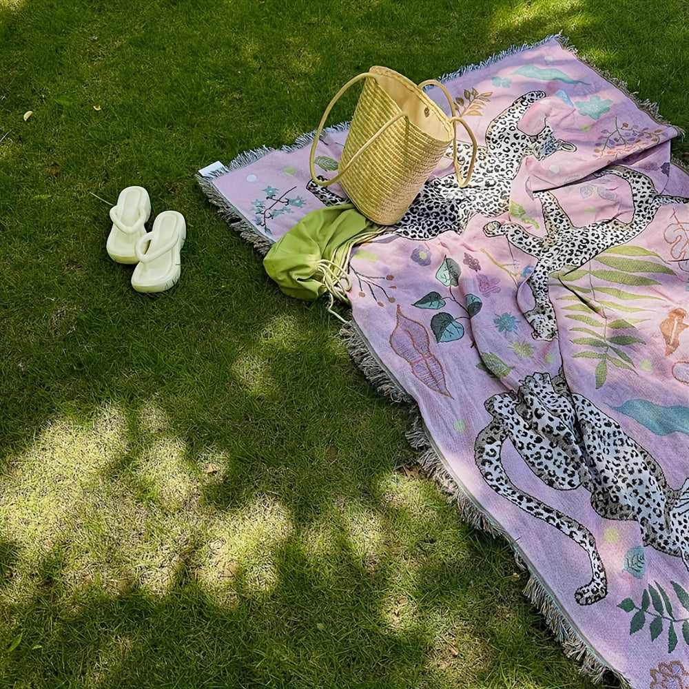 Bohemian Knitted Leopard Tassel Blanket, Suitable For Camping, Casual Picnic, Multifunctional Throw Blanket Lootquake LLC